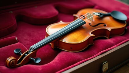 Fototapeta premium Vibrant Red Violin Case Against Blurred Background: Intricate Details Shine Through. A violin sits in a red case.