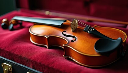Vintage Violin in Red Velvet Box: m Contrast of Brown and Red Finishes. A violin sits in a red case.