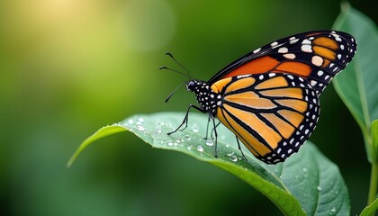 Fototapeta premium Monarch Butterfly with Glistening Wings on a Green Leaf Vibrant Color Harmony. A butterfly rests on a leaf with water droplets.