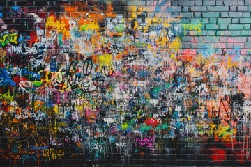 Fototapeta premium Colorful graffiti art on brick wall, urban background, texture