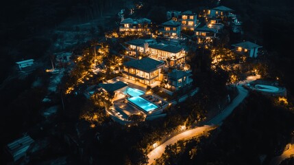 Naklejka premium Aerial view of a luxurious hillside resort at night, showcasing illuminated villas and serene pools surrounded by nature