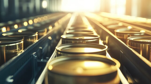 Golden Cans Moving on Conveyor Belt in Factory - Industrial Production Line