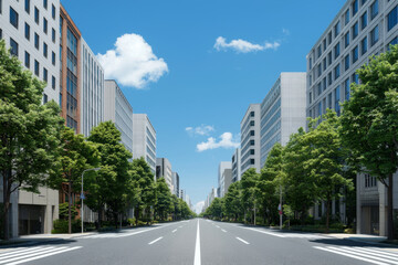 Global warming. wide, empty urban street lined with trees and modern buildings