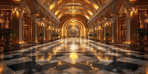 Fototapeta premium Opulent Golden Hallway with Marble Floor and Chandeliers