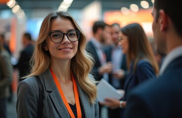 Young businesswoman in glasses smiles at career fair event. Business people networking, seek diverse job opportunities. Female in grey suit with orange lanyard at conference.