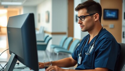 Focused Male Nurse in Navy Blue Scrubs Reviews Patient Records at Computer Workstation