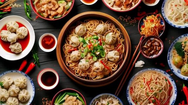 Asian cuisine feast, overhead shot, dark wood, restaurant menu