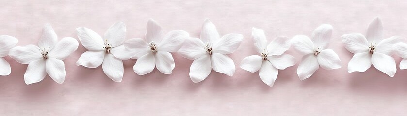 Fototapeta premium White flowers row, pink background, nature, serenity, spa