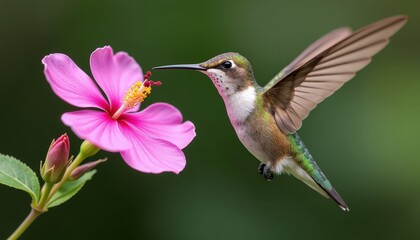Fototapeta premium MidFlight Hummingbird Feeding from Vibrant Pink Flower with Bud Stems, Blurred Background. A hummingbird hovering next to a pink flower.