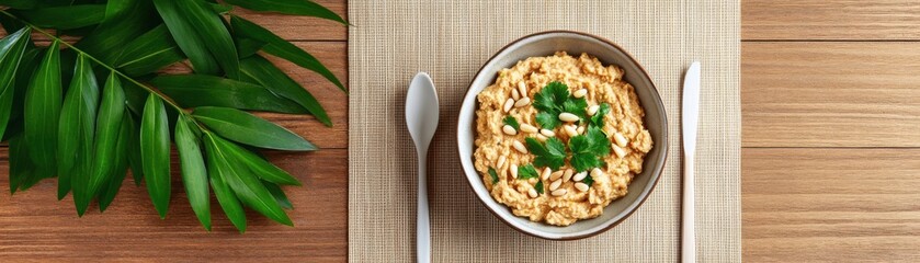 Delicious hummus presentation featuring Plated hummus with fresh herbs and pine nuts, served in a rustic ceramic dish A healthy Mediterranean dip, perfect for appetizers or snacks This creamy spread