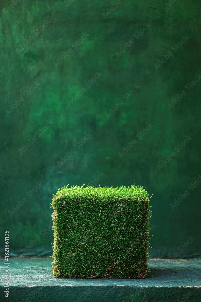 Poster a square-shaped grass block sits atop a gray cement slab, providing a natural touch in an urban sett