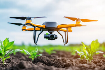 A multi-rotor drone hovers over a lush agricultural field, scanning soil conditions with specialized sensors highlighted against a bright, clear sky. Technology meets nature seamlessly