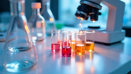 Laboratory setup with colored liquids and scientific equipment