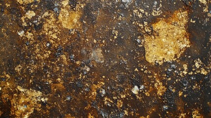 Abstract textured surface, rust-colored and gold, possible stone or metal. Stock photo