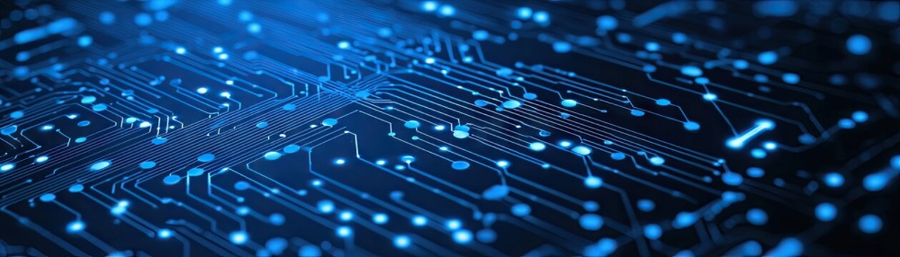 Circuit board detail, glowing blue, technology background