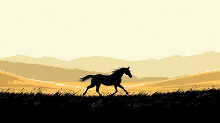 Majestic Silhouette of a Galloping Horse Against a Golden Sunset Landscape with Rolling Hills in the Background