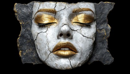 Naklejka premium Discover the allure of an Artistic Portrait with Gold Details, a masterpiece embodying minimalist vibes and contemporary elegance This captivating artwork showcases a cracked mask effect, accentuated