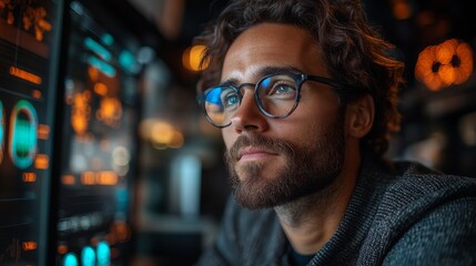 Obraz premium A person deeply engaged in analyzing quantum computing concepts. They are focused on displays showing qubits, superposition, and neural network algorithms in a contemporary workspace.