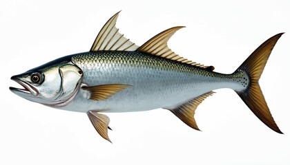 Tarpon fish isolated on white background. Aquatic animal swims. Sea ocean inhabitant, marine wildlife. Silver scales, open mouth. Angler trophy, fishing sport, recreational activity fresh seafood