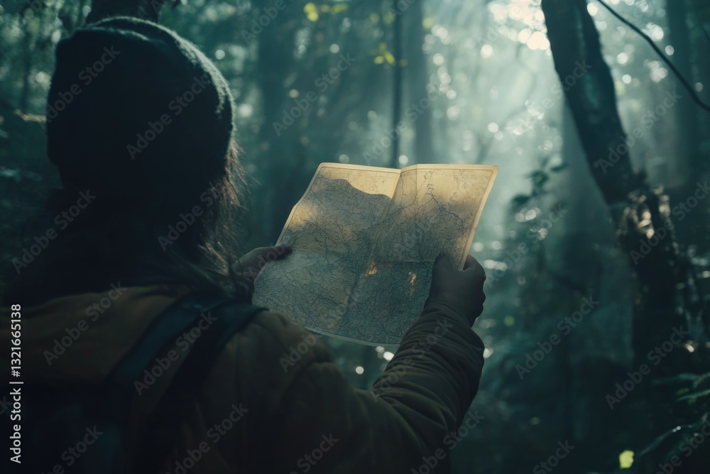 Poster a person searching for direction in the woods, holding a map and looking around