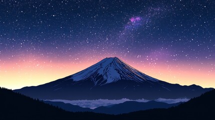 Majestic Mount Fuji Under a Starry Night Sky with Colorful Gradient Horizon and Silhouetted Hills in the Foreground