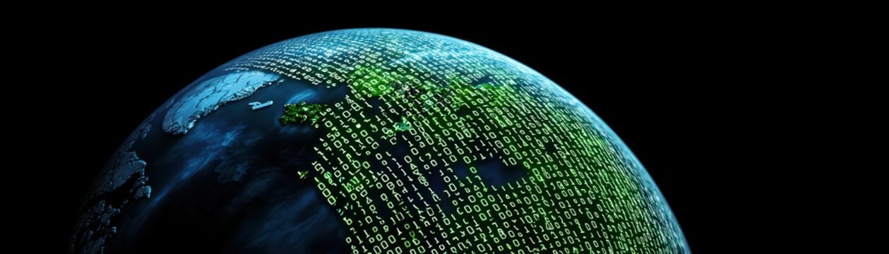 Cyber World Concept: Earth Wrapped in Digital Code with Binary Numbers and Global Visualization