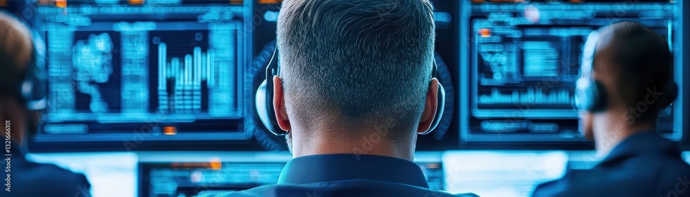 Poster cybersecurity command center concept in modern office environment with team monitoring data