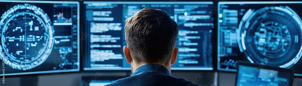 Poster a professional working in a modern cybersecurity command center with multiple screens