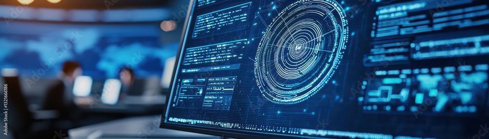 Poster modern cybersecurity command center concept in office environment with data visualization displays