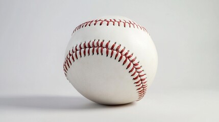 Close-up of a white baseball with red stitching on a white background.