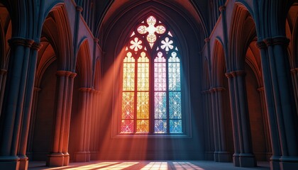 Fototapeta premium Gothic Cathedral Illuminated by Stained Glass Window: Radiant Light and Intricate Designs. A large stained glass window in a gothic cathedral.