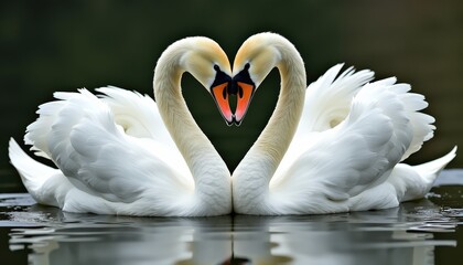 Naklejka premium Graceful White Swans Forming a Heart Shape in Mirrorlike Water Reflection. Two white swans forming a heart shape in the water.
