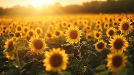 Fototapeta premium Vibrant Sunflower Field at Sunrise with Bright Yellow Blooms Illuminated by Warm Natural Light