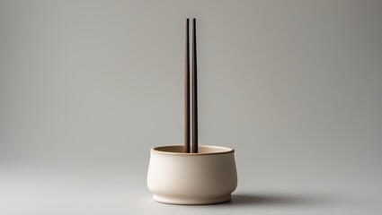 Minimalist display of chopsticks in a ceramic holder on a neutral background