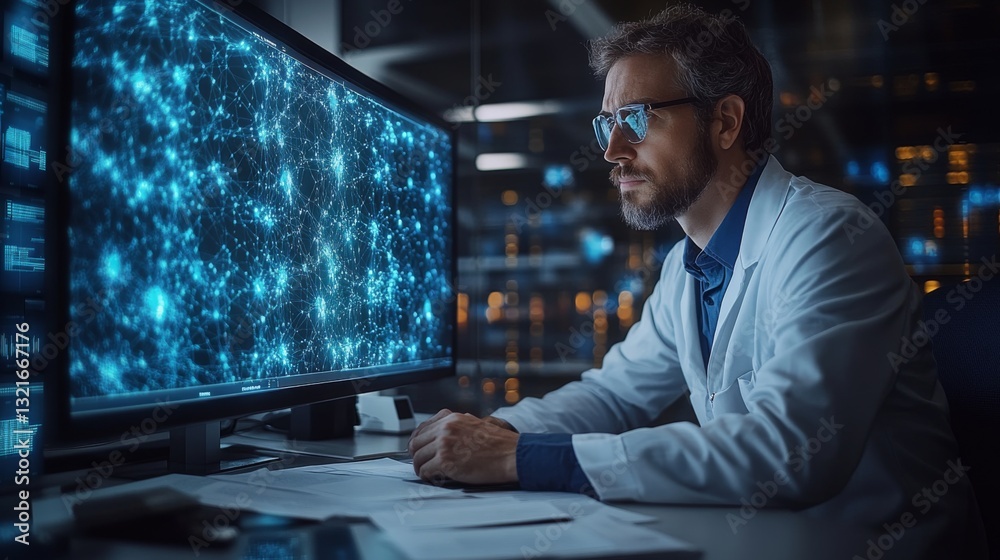 Aufkleber A scientist analyzes quantum simulations on a computer screen in a contemporary research lab. The work involves concepts like qubits, superposition, and entanglement, showcasing advanced physics.