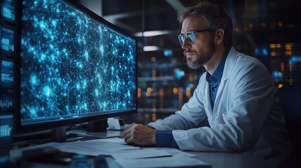 A scientist analyzes quantum simulations on a computer screen in a contemporary research lab. The work involves concepts like qubits, superposition, and entanglement, showcasing advanced physics.