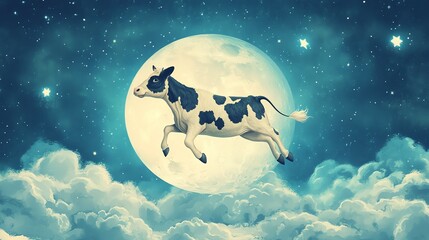 A whimsical illustration of a cow leaping over a large moon, surrounded by clouds and stars against a starry night sky.