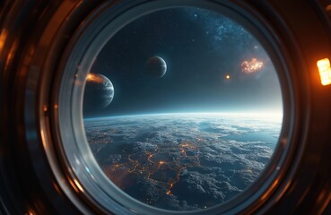 Hyper-realistic space scene distant planet view from spaceship window in ambient light. Awe-inspiring render of cosmos with earth like planet, another planet under meteor shower. Suitable for science