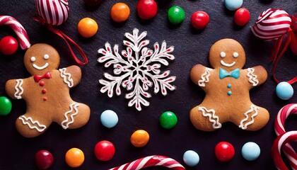 gingerbread men friends surrounded by gumdrops, candy canes,