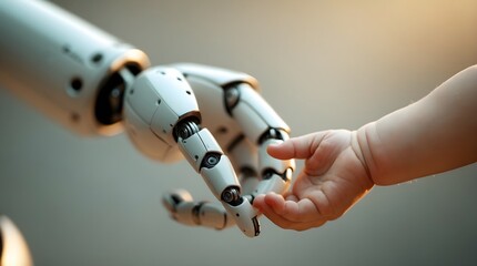 a robot hand holding a baby hand, space for copy