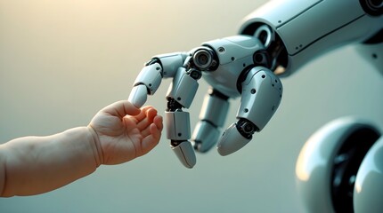 a robot hand holding a baby hand, space for copy