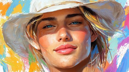 Dive into the vibrant energy of this artistic portrait where a stunning woman merges with a captivating rainbow splash Behold expressive motion through watercolor-style strokes, creating a surreal