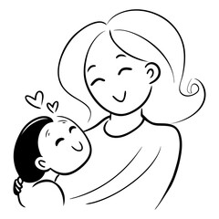 Mother loves her baby line art doodle illustration
