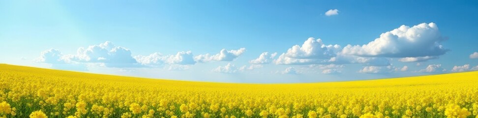 Obraz premium Speckled clouds drift above vibrant yellow canola blossoms in bright sunlight , countryside, speckled, golden