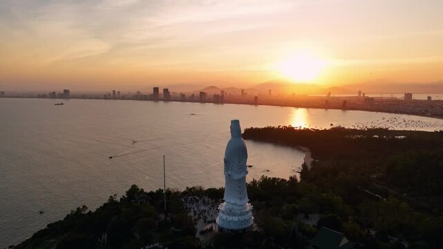 Da Nang aerial view of Lady Buddha's statue, Vietnam, pan shot