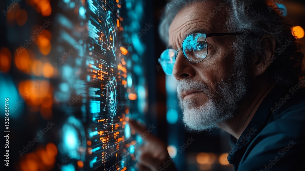 Fototapete A thoughtful researcher examines advanced quantum computing concepts displayed on a high-tech interface, focusing on qubits and algorithms in a futuristic lab setting.