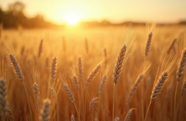 Fototapeta premium Golden wheat field on sunset. Agriculture landscape with ripe ears of wheat and bright sunny sky. Harvest time. Rural scenery with golden crops and sun rays. Cereal plants. Farmland.