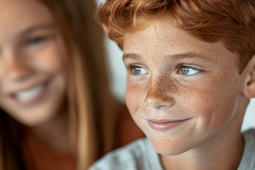 Cyberbullying online prevention. Smiling children with freckles enjoying moment together