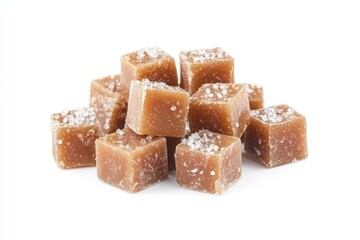 Caramel candy cubes on solid white background. Neural network AI generated