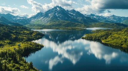 Fototapeta premium Aerial view of a picturesque landscape featuring a winding river surrounded by lush green forests and vibrant fall foliage.
